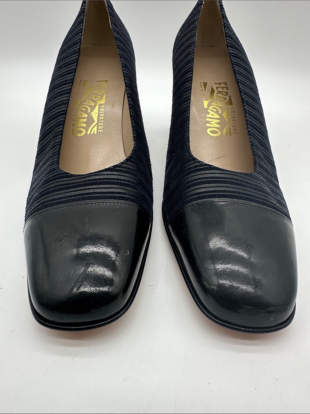 Salvatore Ferragamo Navy Striped Pumps with Black Cap Toe - Picture 2 of 10